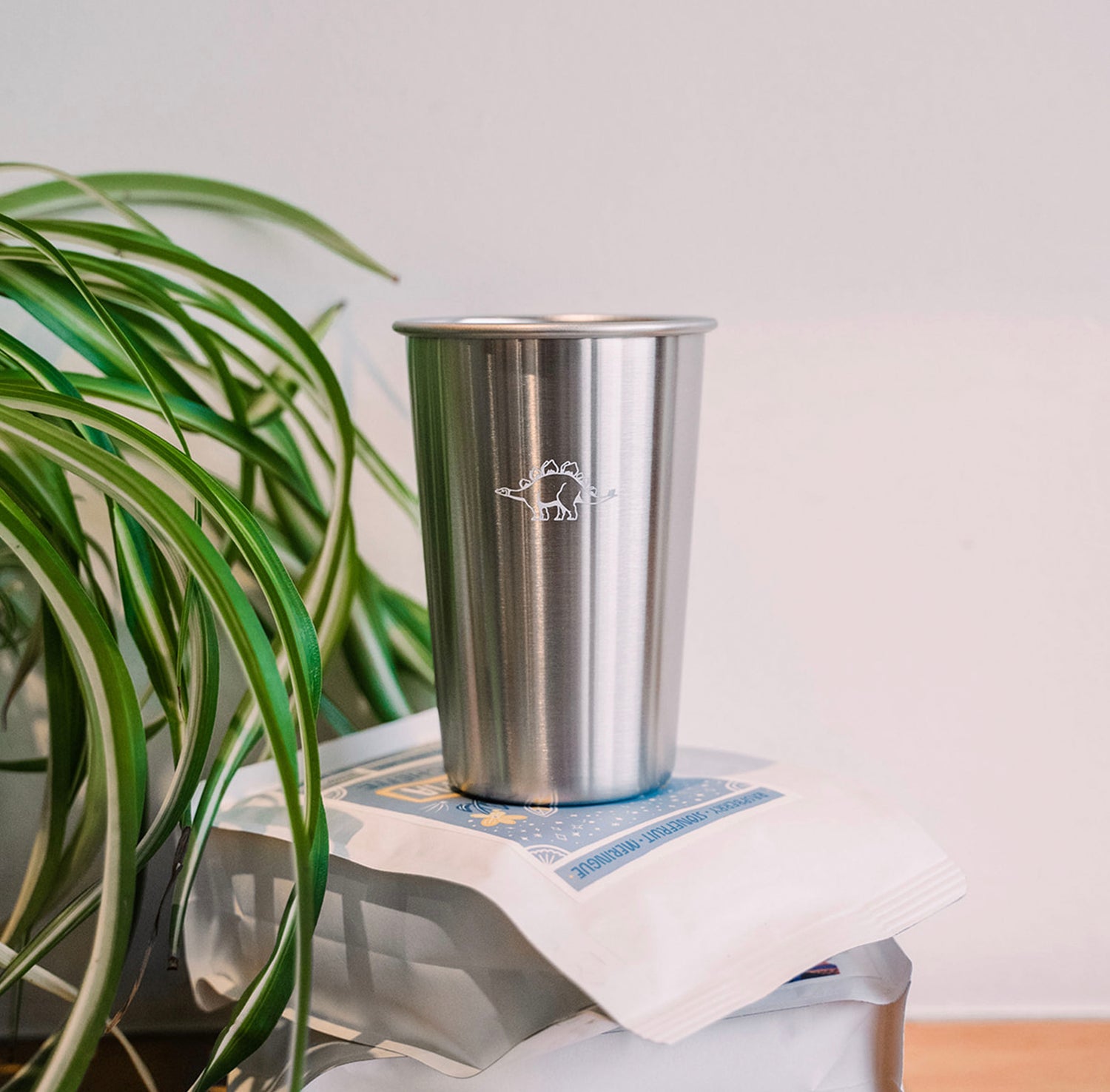 A photo of a tall tin cup printed with a small white dinosaur as long thin green plant leaves sit off to one side